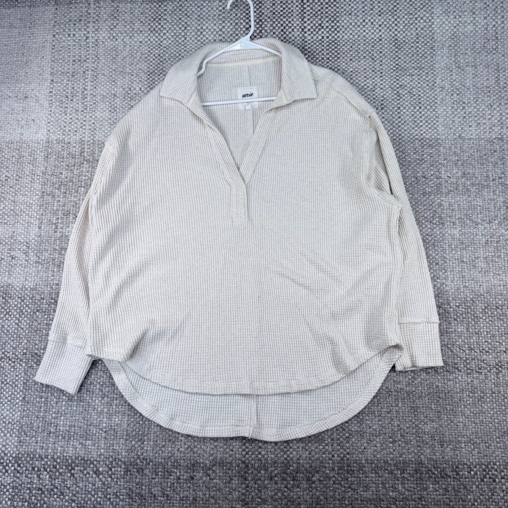 Aerie Waffle Knit Henley Sweatshirt Cream Off White Oversized Thermal Large